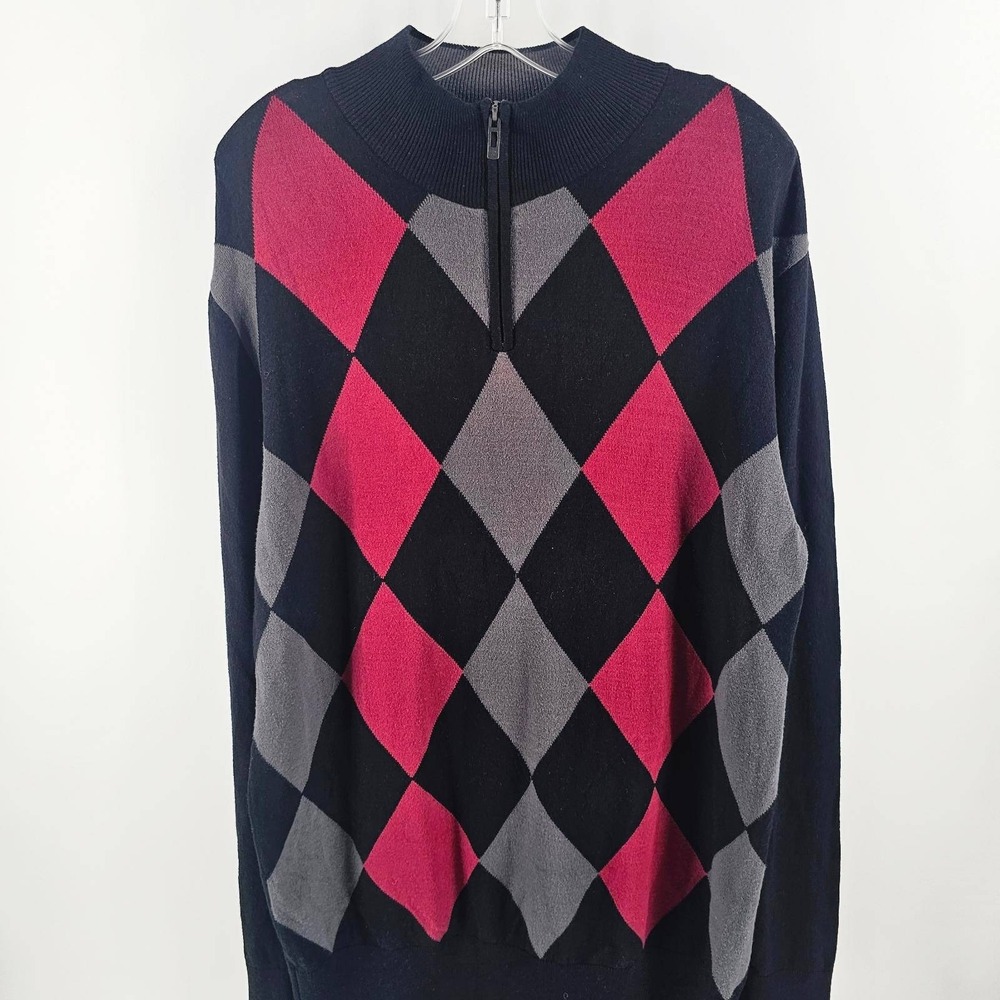 DKNY Jeans Quarter Zip Sweater Mens XL Black Red Argyle Pullover